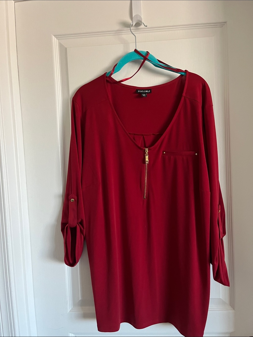 Roz & Ali Red Zip-Neck Women’s Top